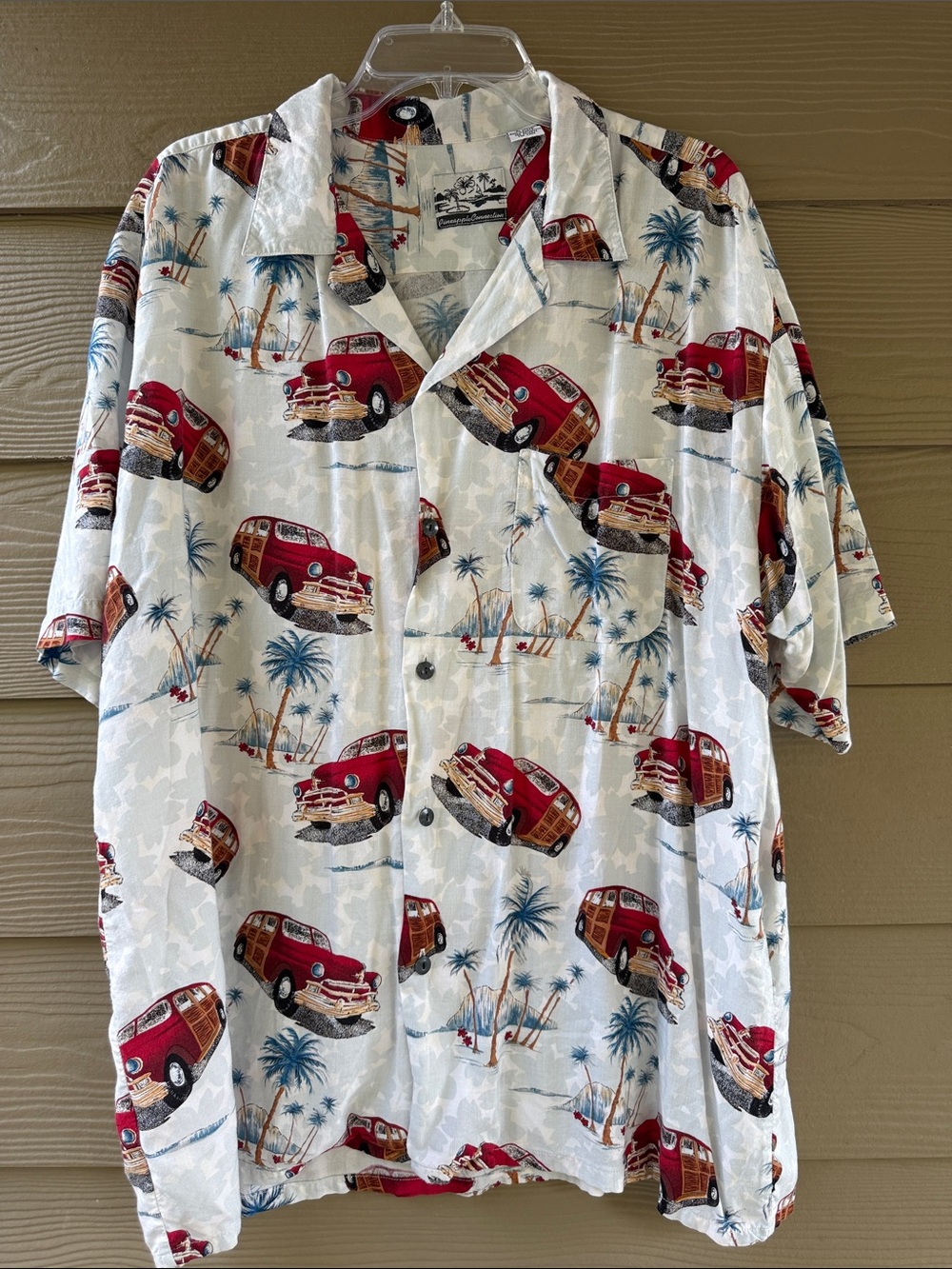 Pineapple Connection Hawaiian Style Aloha Shirt Red Woody Cars on White Rayon XL